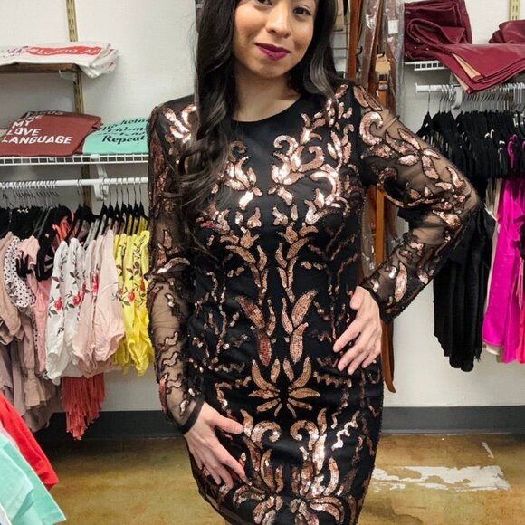 Gold Sequin Mini Black Dress - Picture 1 of 3